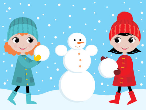 Little girls build the snowman