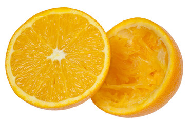 Two halves of orange isolated on white background