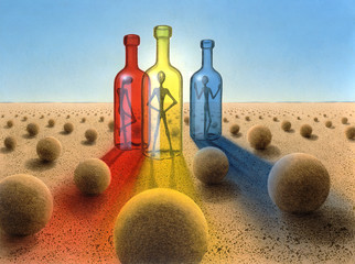 three bottles in surreal desert ambiance