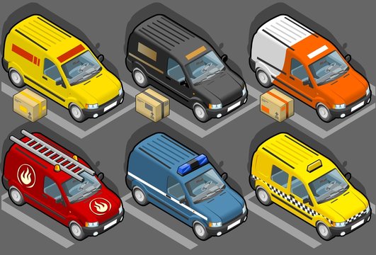 Isometric van delivery, firefighters, police, taxi