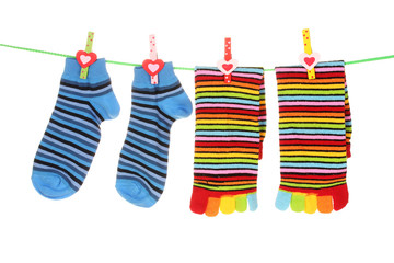 bright  socks on a line is isolated on a white