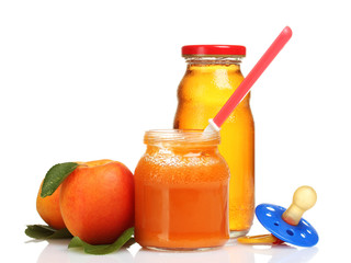 baby food, pacifier and fruits isolated on white