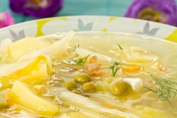 Vegetable soup with green peas
