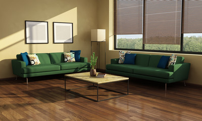 Chic Interior with 2 green sofas and view to trees