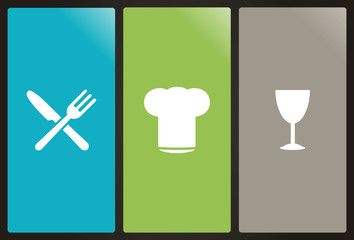 Chef's hat, fork, knife and glass