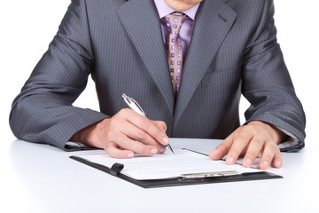 Businessman in elegant suits sign up contract