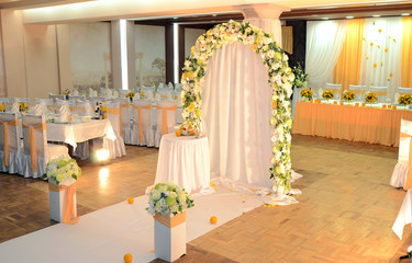 hall restaurant is decorated for realization of holiday