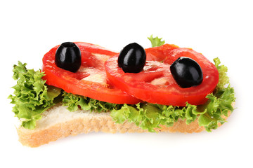 tasty sandwich with cheese and tomatoes isolated on white