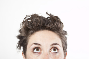 close up portrait of a woman looking up