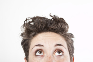 close up portrait of a woman looking up