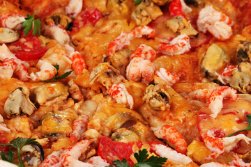 Delicious pizza with seafood  closeup