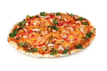 Delicious pizza with seafood  isolated on white