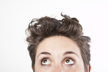 close up portrait of a woman looking up