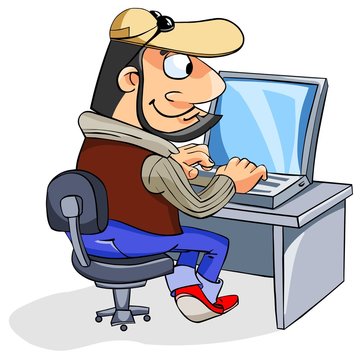 Cartoon man typing on keyboard, looking at laptop screen.