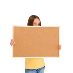 Girl holding noticeboard isolated on white background