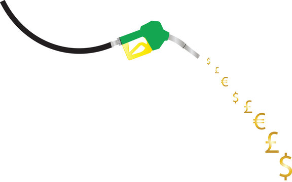 Petrol Pump Nozzle pouring currencies concept fuel prices