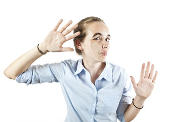 young woman crushed on glass