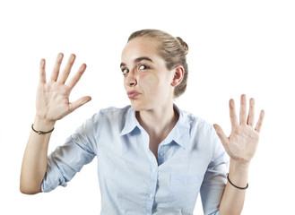 young woman crushed on glass