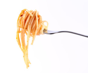 Spaghetti with sauce bolognese hanging on a fork