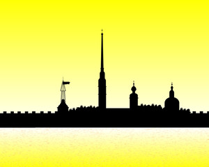 Naklejka premium Silhouette of Peter and Paul fortress at sunset