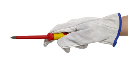 gloved hand with screwdriver