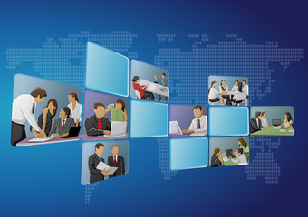 Blue template with business people on screens