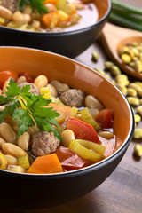 Canary bean soup with meatballs and other vegetables