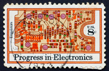 Postage stamp USA 1973 Transistors and Printed Circuit Board