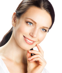 Thinking businesswoman, over white