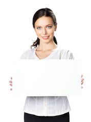 Businesswoman showing blank signboard, on white