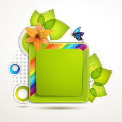 Green banner design with leaf, flower and butterfly