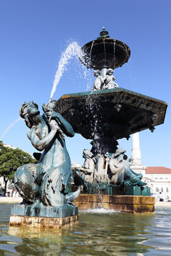 Fountain On Rossio Square In Lisbon