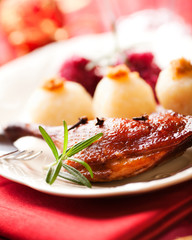 Roasted duck leg with potato dumplings for Christmas