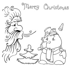 Santa Claus and snowman blows on