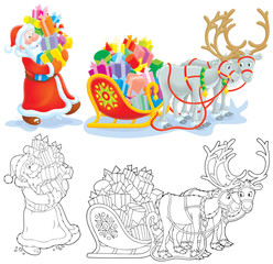 Santa loads Christmas gifts in his sleigh