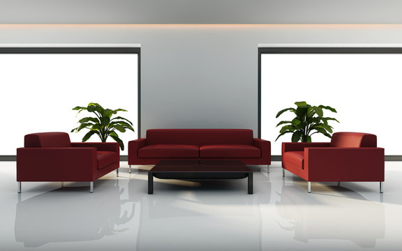 Minimal white interior with red sofa set rendering