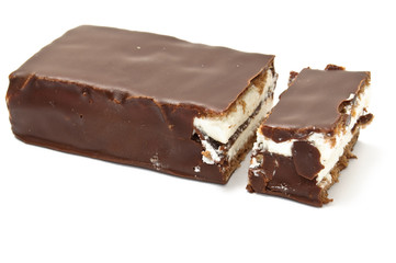 Chocolate bar cut half side view isolated on white