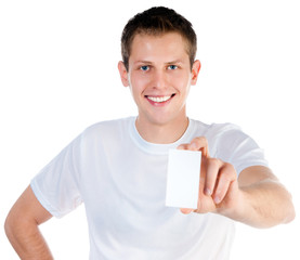 man holding  white blank