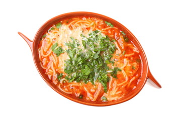 Tomato soup, parsley isolated white background