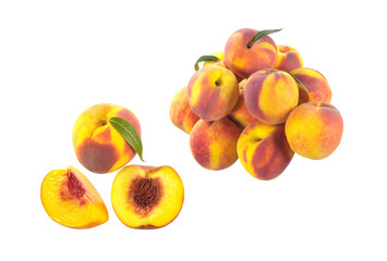 sweet juicy peaches with green leaves isolated on white backgrou