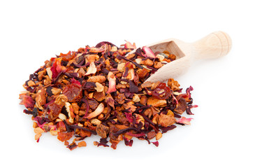 Pile of fruit tea with petals and dry fruit