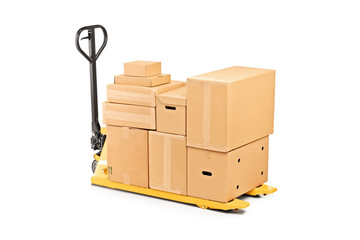 A fork pallet truck stacker with stack of boxes