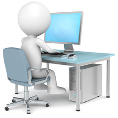 3D little human character Searching on Internet. Blue Desktop