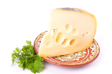 cheese on white background ,green leaf