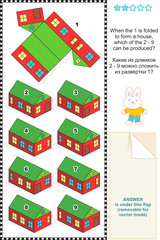 Visual math puzzle with folded model paper houses
