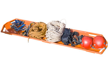 Stretchers, helmet, cordages and other rescue facilities