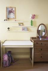Little girl's school bag, and own room at home