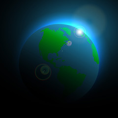 Planet earth with sunrise in space