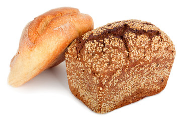 Baked rye bread with linseeds on the white isolated background