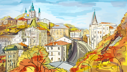 Fototapeta na wymiar Illustration to the autumn old town